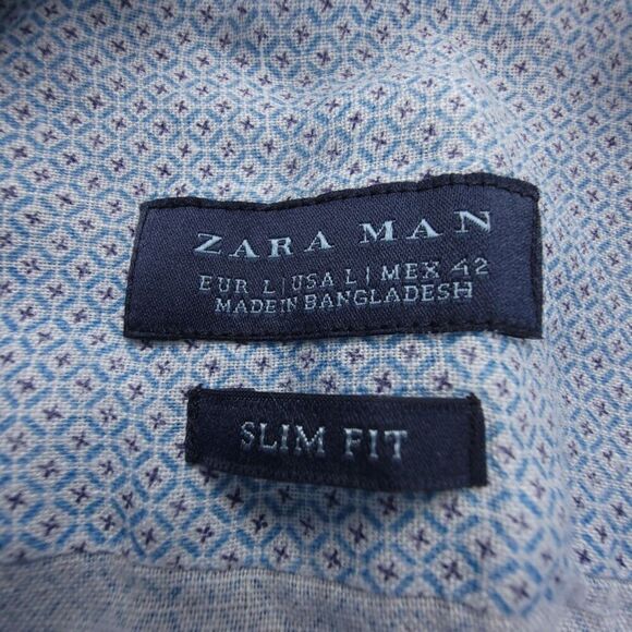 ZARA MAN 100% Linen Slim Fit Long Sleeve Button Down Shirt Mens Large Blue Print - Picture 2 of 8